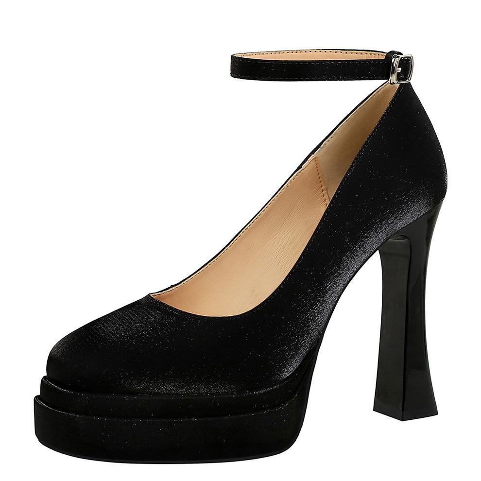Wind round head satin word with high heels, light mouth waterproof table thick heel women's shoes, super high heel single shoes women