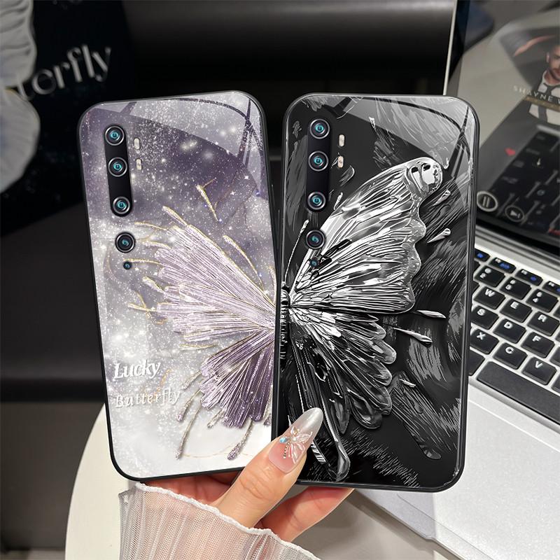 Tempered Glass Hard Phone Case For Xiaomi Mi Note 10 CC9 CC9E 9T 9 SE Lite A3 Redmi K20 Pro Luxury Butterfly Shockproof Cover