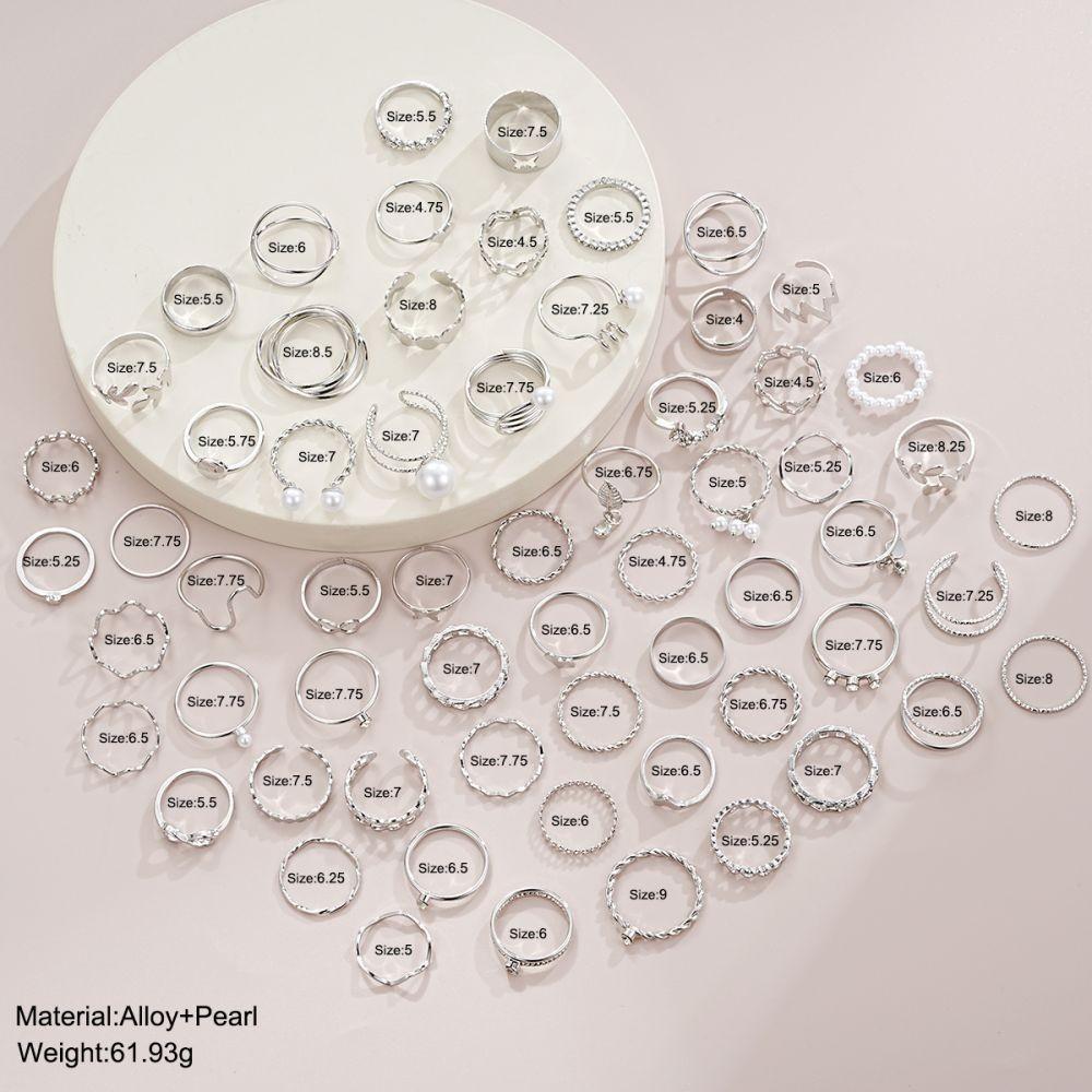 64Pcs/set Fashion Butterfly Heart Leaves Ring Set Crystal  Artificial Pearls Silver Rings for Women Jewelry Accessories