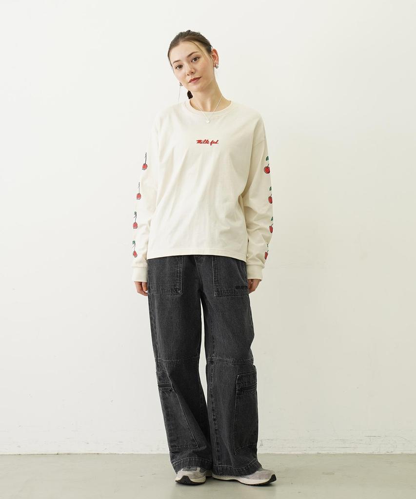 Milkfed Casual Side Cherries Wide Long Sleeve Tee in Off White Women's