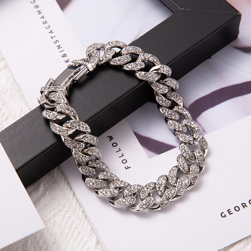 New Street Trendsetter: Double Row Full Diamond Alloy Hip Hop Cuban Chain Bracelet Necklace, 12.5mm, European & American Style.