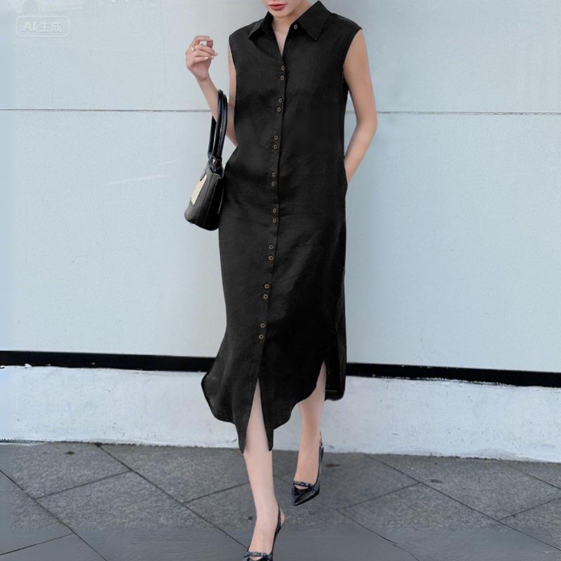 

ZANZEA Женское повседневное летнее платье без рукавов с отложным воротником XL чёрный