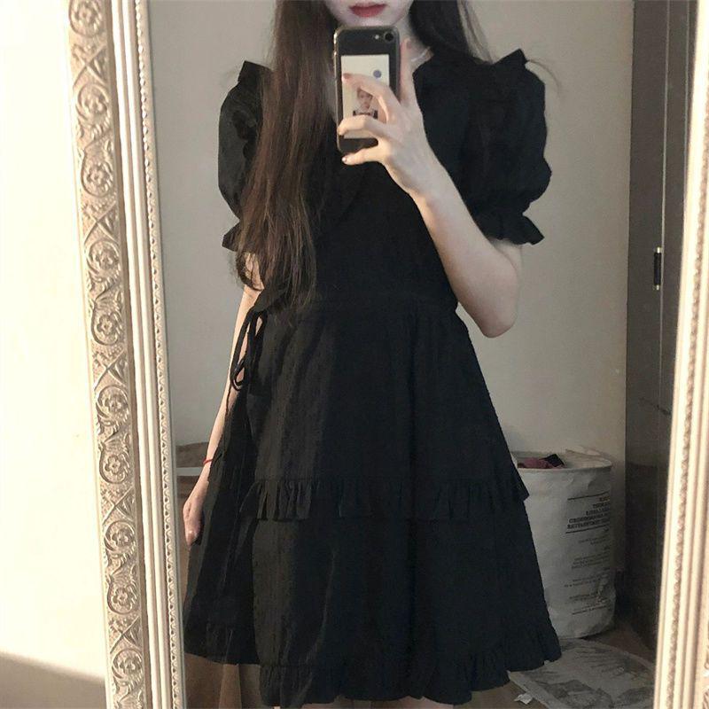 

Корейское ретро маленькое черное платье А-силуэта с рюшами на воротнике Питер Пэн S