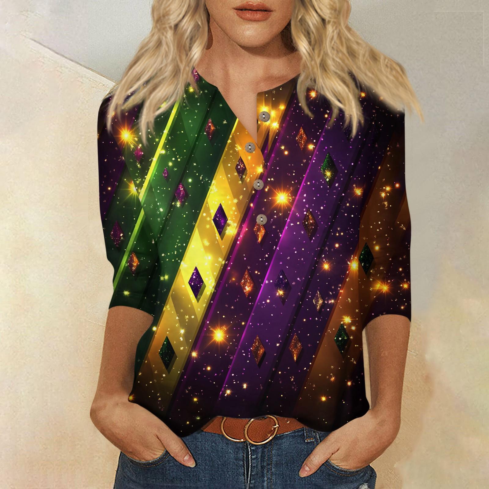 

Женская мода повседневная пуговица 3/4 рукав карнавальный принтованный ворот топ M