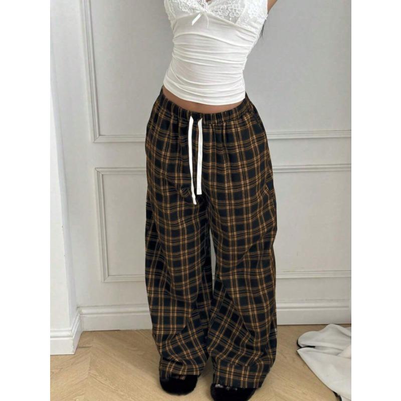 Pantaloni a Quadri da Donna, Vita Alta Coulisse Gamba Larga, Pantaloni Casual Streetwear da Casa