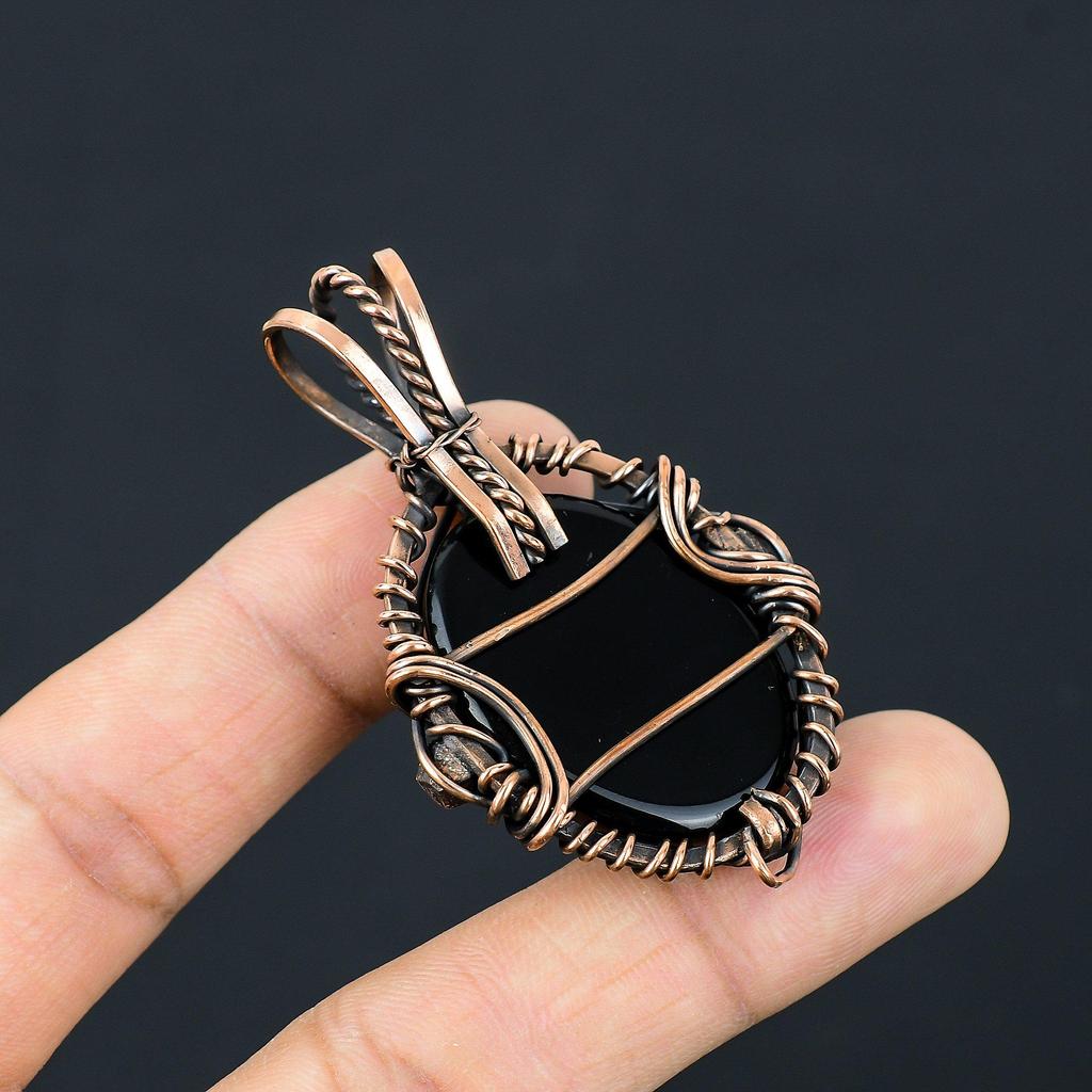Bijoux en Onyx Noir, Pendentif Enveloppé de Fil de Cuivre 999 Fait Main Bijoux en Pierre Précieuse, Cadeaux Pour Femme Pendentif Tout Neuf