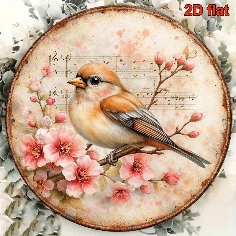 Vintage Aluminum Round Sign Spring Birds Cherry Blossom Musical Note Art Decorative Plaque Wall Decor Xin