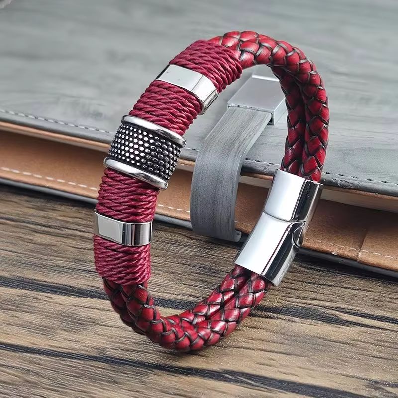 Men Bracelet High Quality Stainless Steel Red Braided Leather Wristband with Beads Magnetic Clasp Punk Jewelry Gift for Him