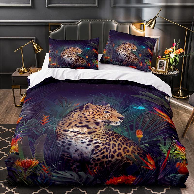 Tiger Leopard Lion Duvet Cover Set Africa Wild Animals Bedding Set 3D Red Rose Flowers Quilt Cover Twin King Queen Bedroom Decor