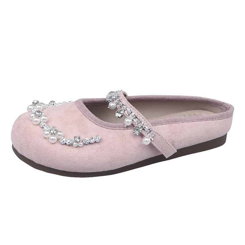 Mode Baotou Platte Schoenen Dames Mode Ronde Neus Lage Instap Fluwelen Strass Kralen Zachte Zool Antislip Pantoffels