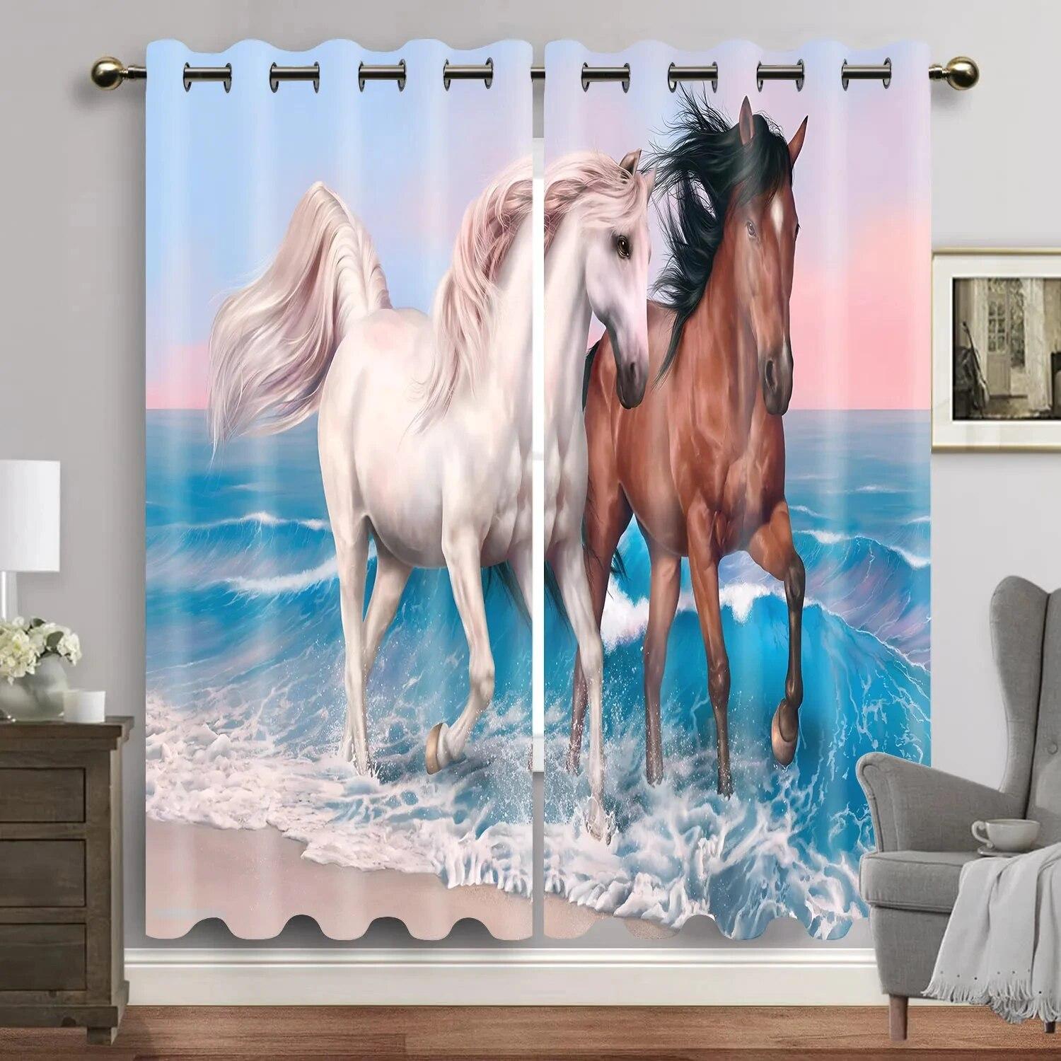 Paard Verduisterende Gordijnen Voor De Slaapkamer Dierlijke Gordijnen In Woonkamer Gordijn Voor Raam Woondecoratie Hoge Verduistering Nieuw Patroon W50xH160(CM)x2PCS-Rod pocket