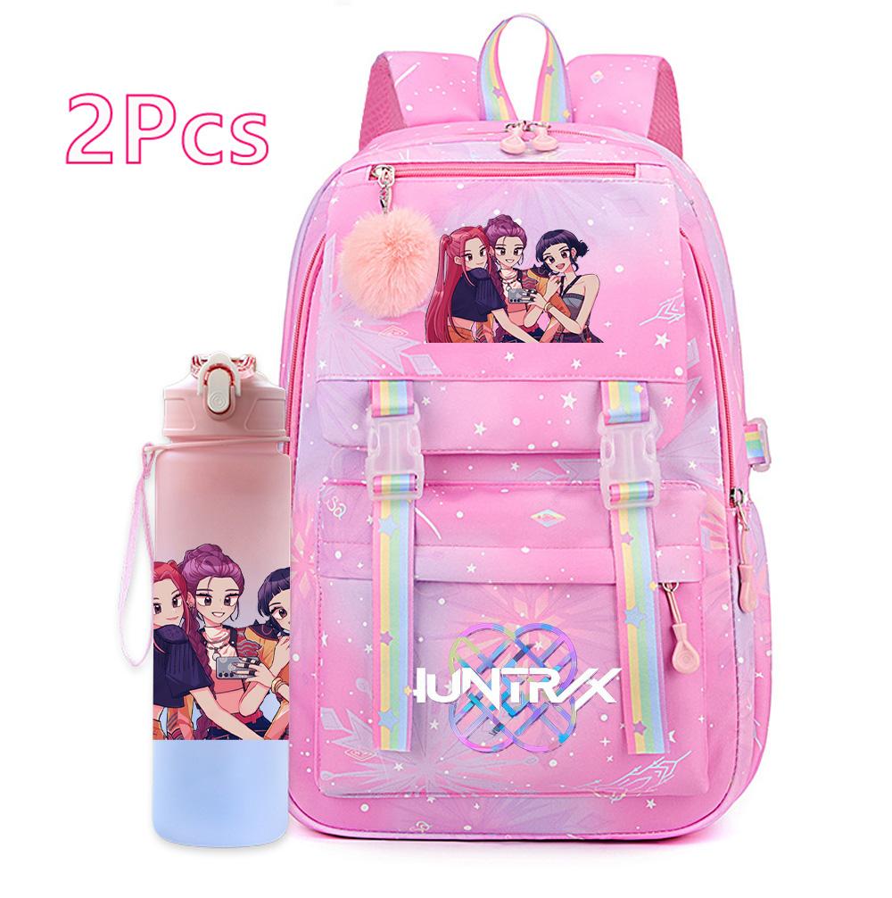 2Pcs/set Anime K-pop Printed Backpack with 750Ml Water Bottler Large Capacity Travel Bag for Teenager Girl Boy Bookbag Kid Gift Large Capacity Bag