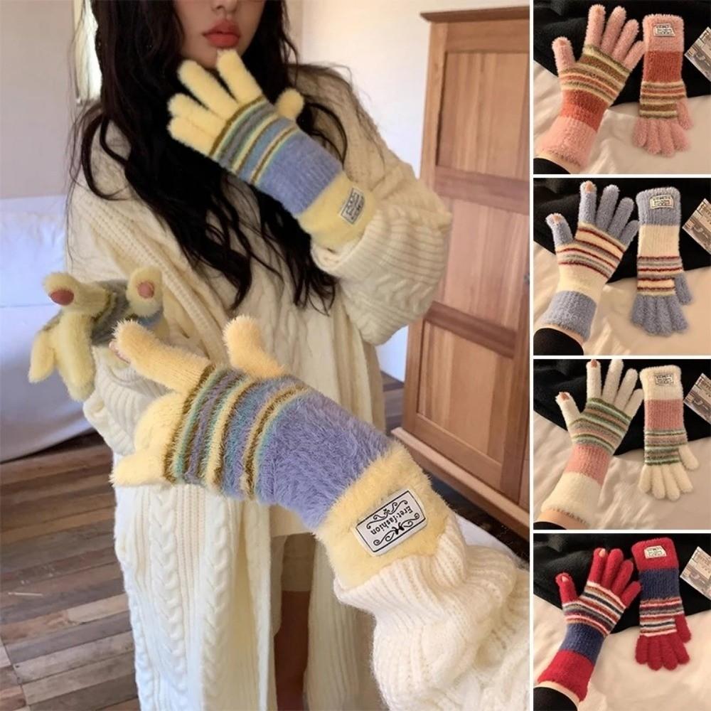 Warm Girl Knitted Gloves Plush Touch Screen Gloves Korean Five-fingered Gloves
