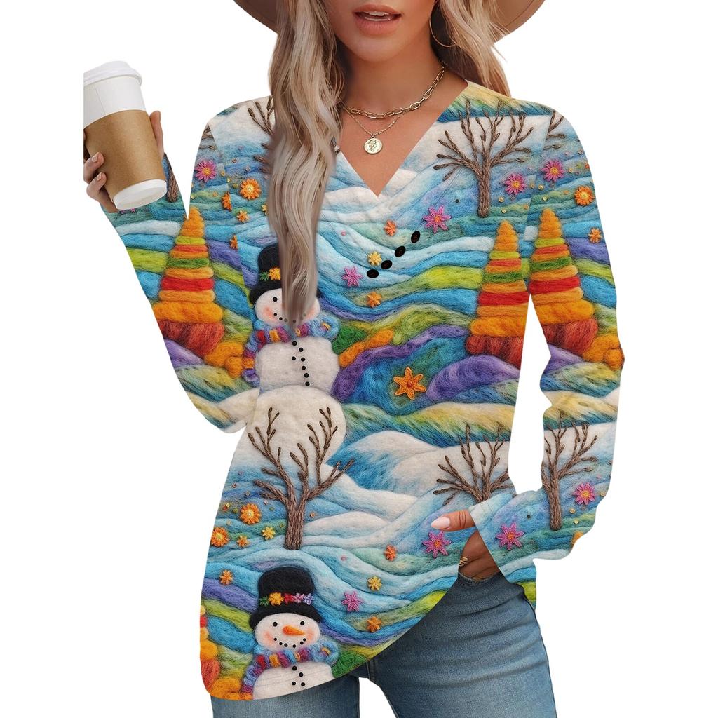 Women's Fashion Casual V-neck Pleated Christmas Long Sleeve Top