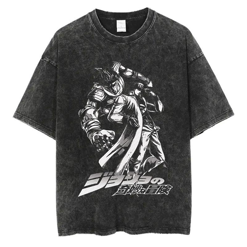 Vintage Washed TShirt Men Summer Hip Hop Streetwear T-shirt JoJo Bizarre Adventure Anime Print Cotton Casual Short Sleeve T-shirt Daily Wear Cool Top