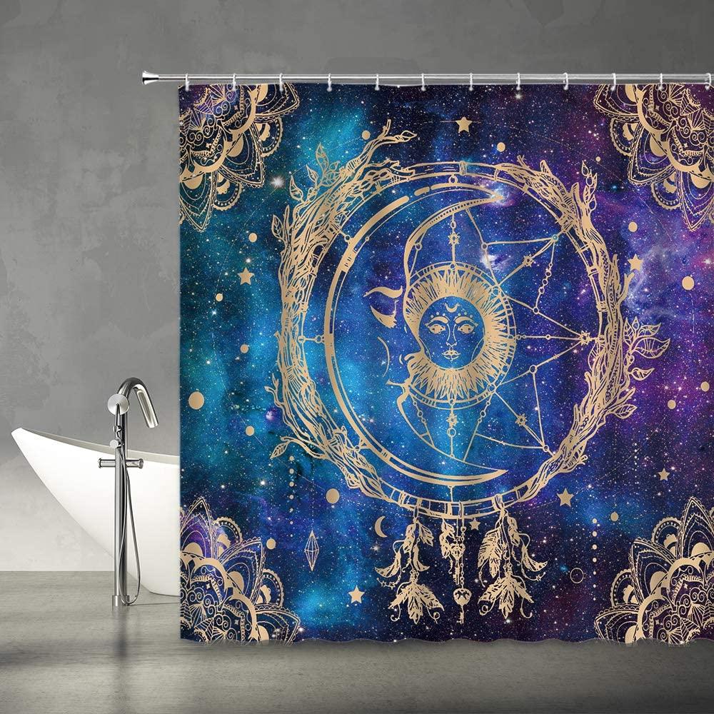 Mandala Celestial Shower Curtain Boho Moon Star Black And White Waterproof Polyester Fabric Bathroom Curtains Home Decor Hooks