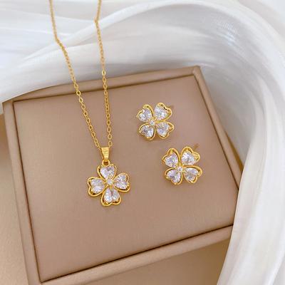 Necklace Earrings Set Light Luxury Full Diamond Four-Leaf Flower Love Personality Temperament Banquet Earrings Item Group