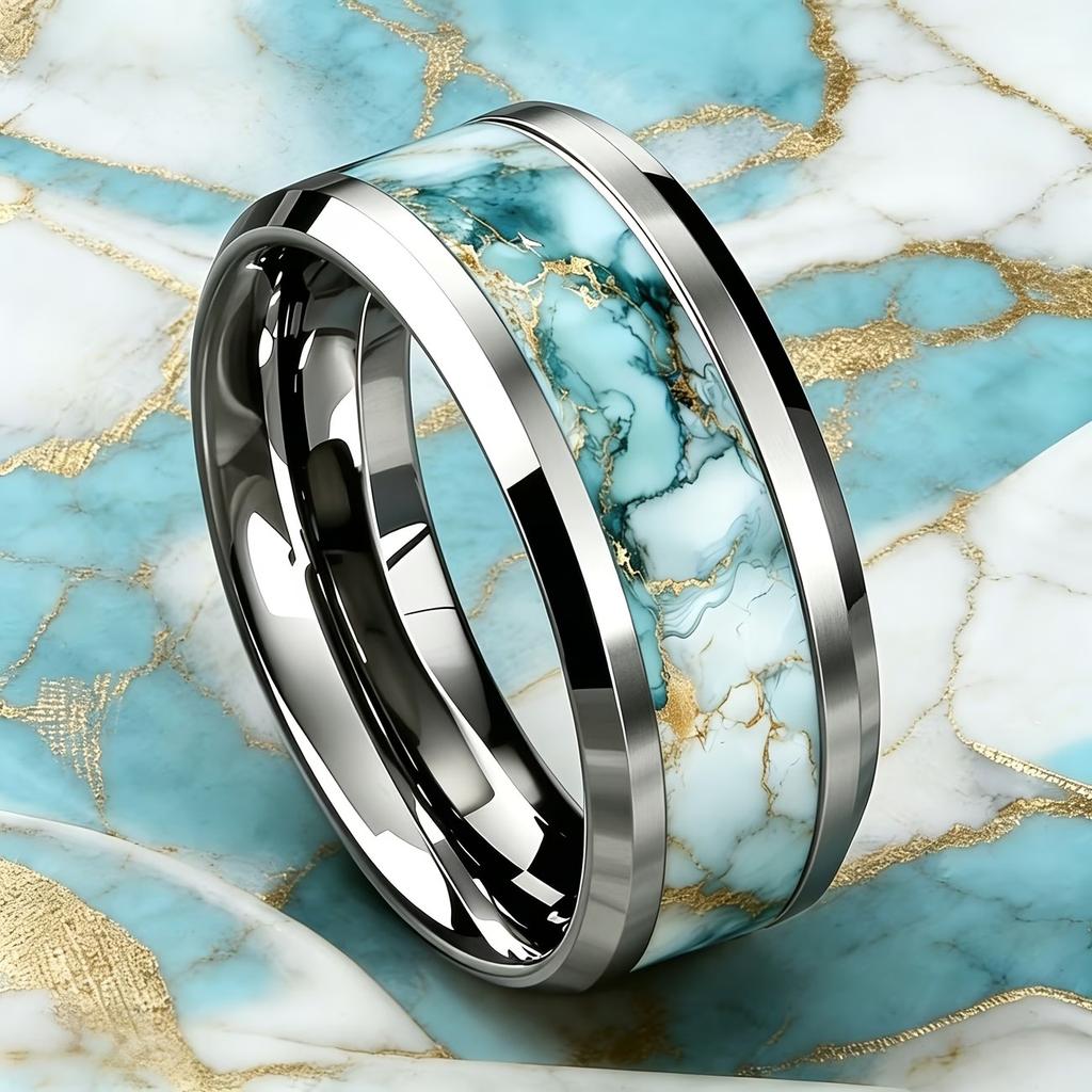 Luxury Sky Blue Turquoise & Golden Marble Pattern Ring Stainless Steel Rings For Women Men Wedding Jewelry Valentine's Day Gifts