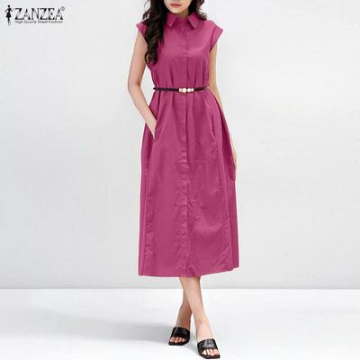 Women Casual Turn Down Collar Sleeveless Elegant Dress