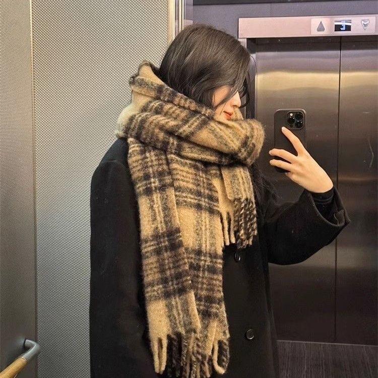Vintage Winter Warm Cashmere Long Scarf Brown Soft Long Tassel Scarves Plaid Thickened Thickened Warm Shawl Wrap Women Girls