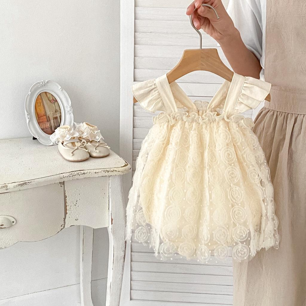 Baby Girl Summer Short Sleeve Romper with Floral Tulle Princess Dress for First Birthday