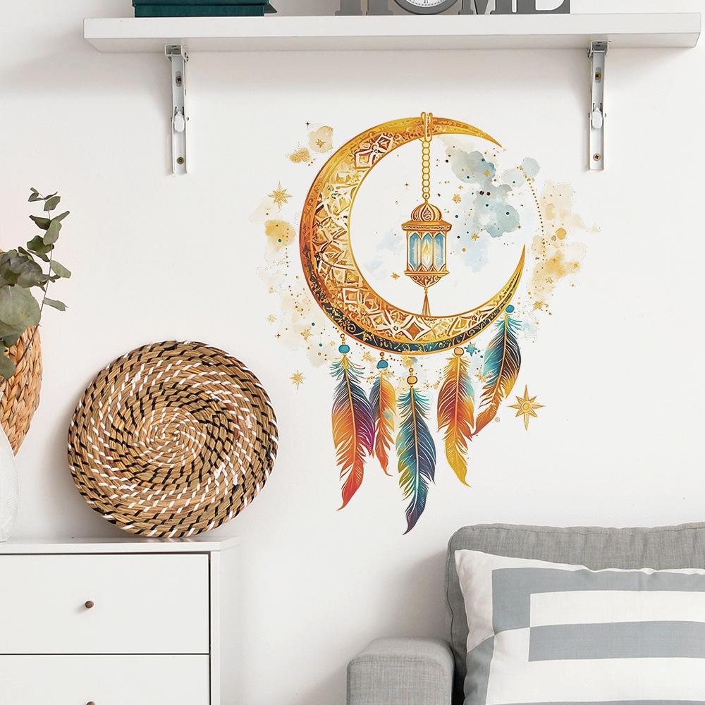 Creative Moon Feather Pattern Wall Stickers for Bedroom Living Room Home Background Decoration