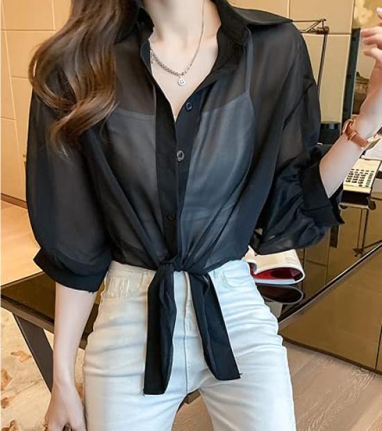 SANYIN Sheer Loose Solid for UV Chiffon Sleeves Women's Cardigan, Lightweight, Fit, Color, Spring/Summer, Protection, Sunscreen, Top, 3/4 (Black)