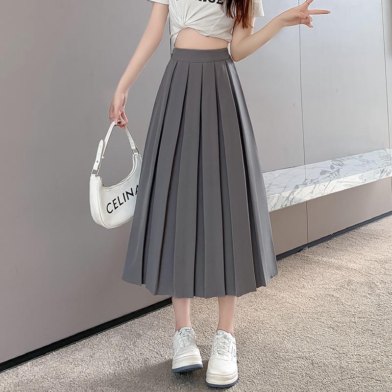 Women's Black Pleated A-Line Skirt - Mid-Length, High Waist, Elastic Fit, Autumn/Winter