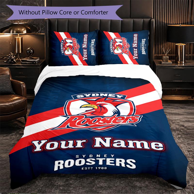 Sydney Roosters Customized Name Text Bedding Set, 1 Duvet Cover & 2 Pillowcases Personalized Bedroom Gift