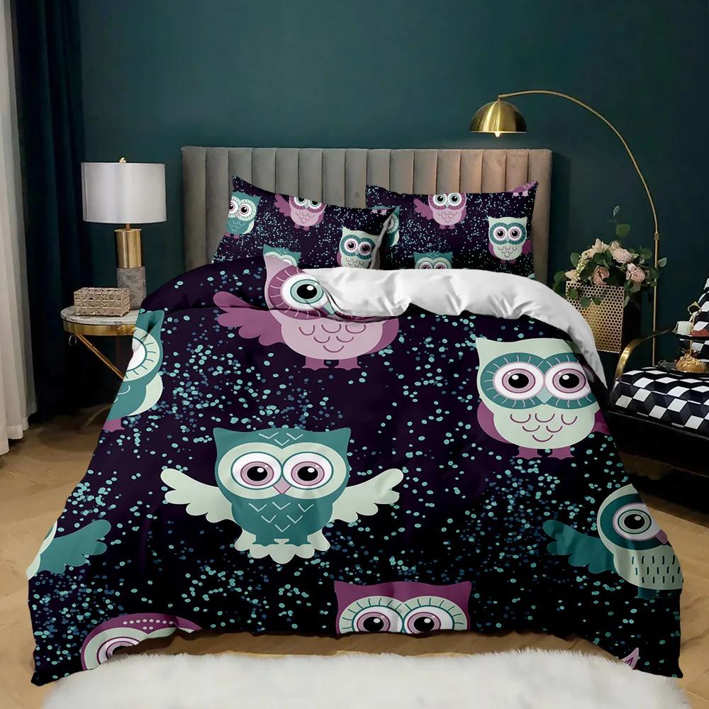 Owl Duvet Cover Set Cute Owl And Stars Decor Comforter Cover Outer Space Bedding Set Kids Cute Animal Polyester Qulit Cover