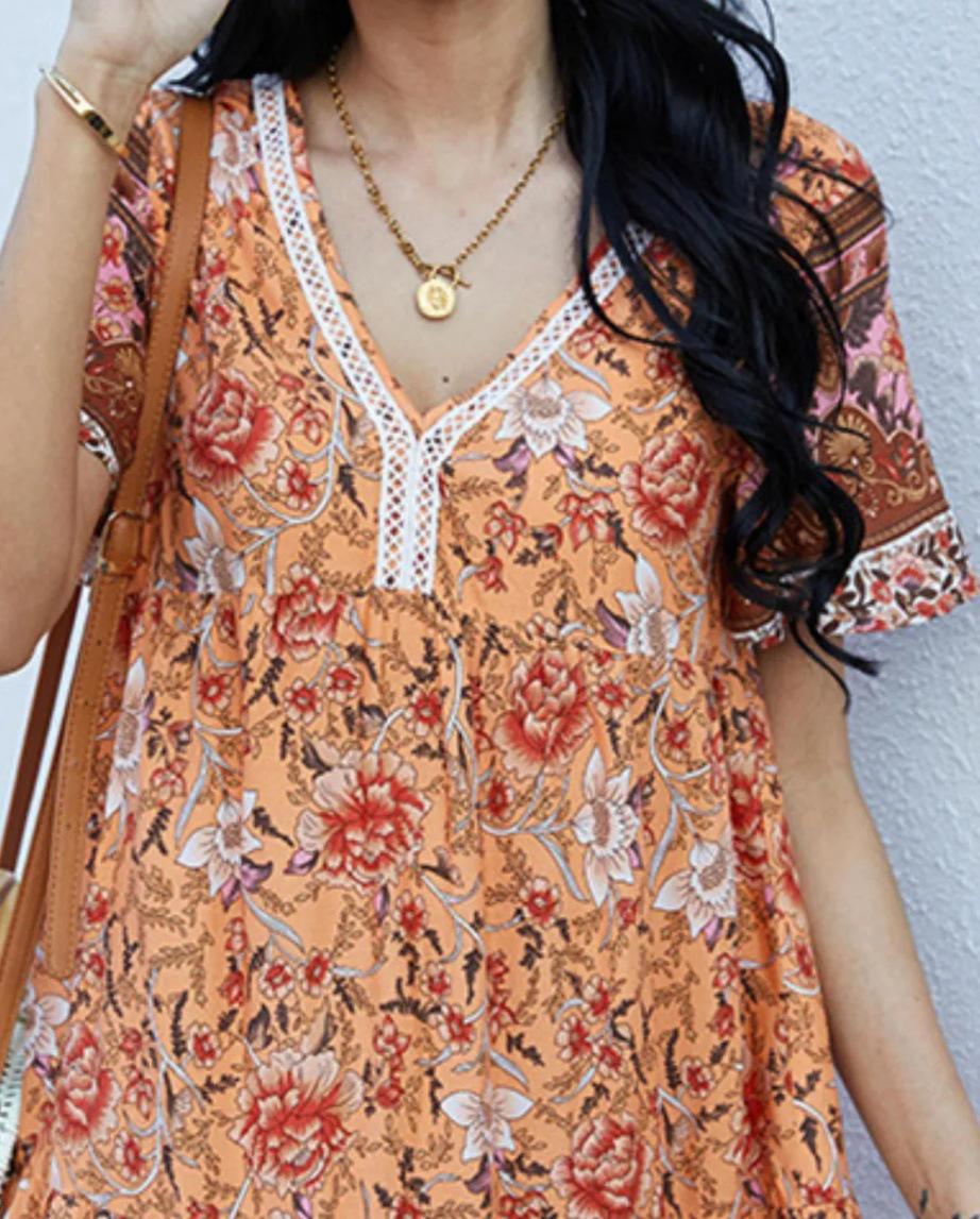 Summer French Retro V-neck Floral Dress - Beach Vacation Style for Women 2XL коралловый