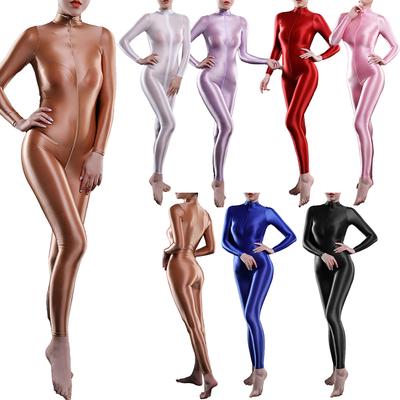 Einteiliger, glänzender, langärmliger, glatter Leotard-Bodysuit mit Doppelreißverschluss für Damen und Catsuit