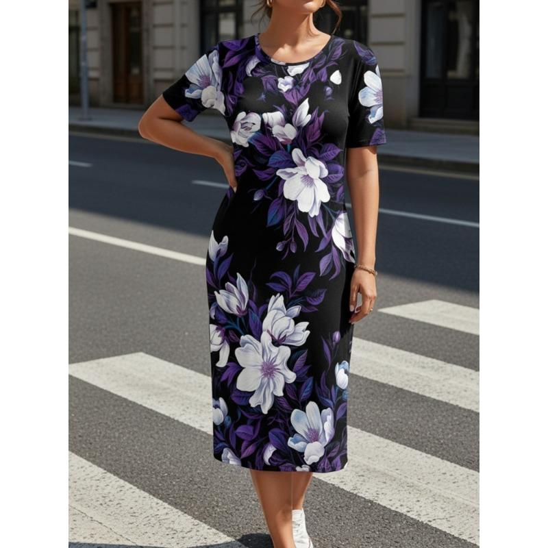 Plus Size - Plus Size - Women'S Plus Size Floral Print Short Sleeve Dress