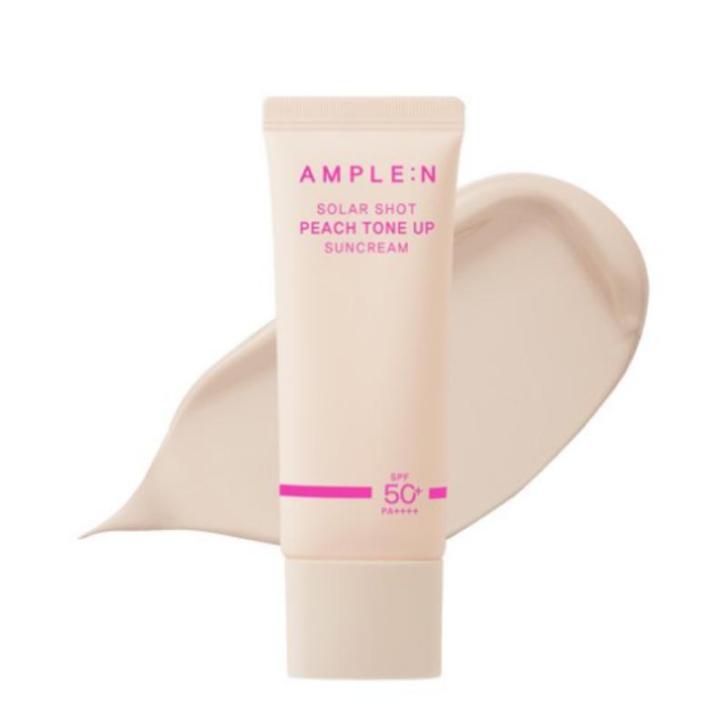 AMPLE:N Solar Shot Peach Tone-Up Sunscreen SPF50+ PA++++ 40ml – Brightening UV Protection for a Natural Peach Glow