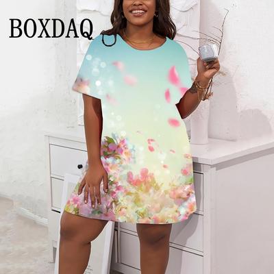 Mode 3D Blumendruck Kleider Für Damen Vintage Sommer Große Größen Kurzarmkleid Lässig Rundhalsausschnitt Locker Übergröße Kleidung 9XL