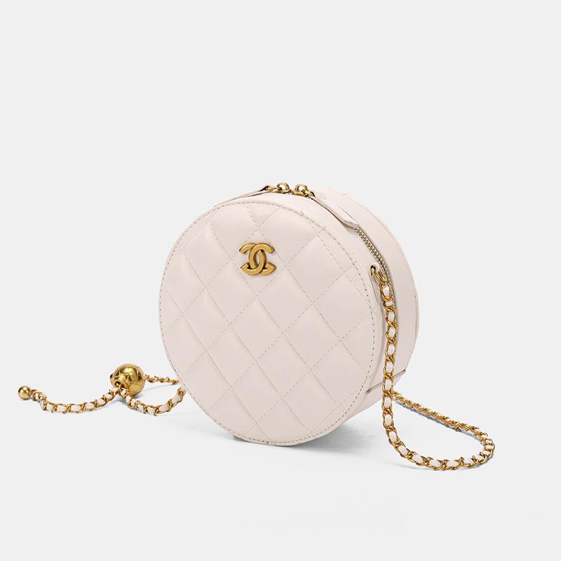 

Leather Light Luxury Women s Bag New Single Shoulder Crossbody Bag Niche Design Diamond Grid Chain High-end Small Round Bag