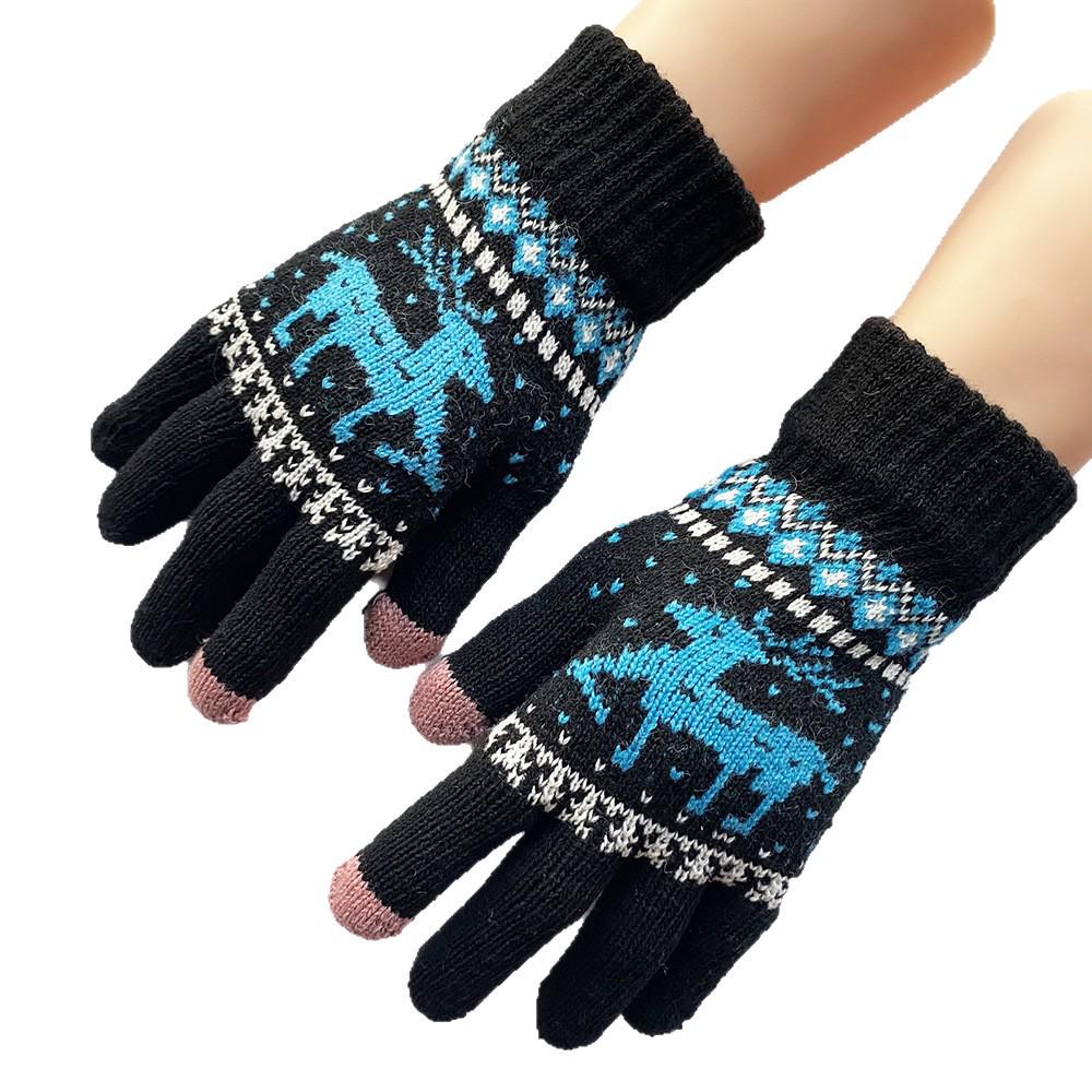 Women's Winter Touchscreen Gloves - Fleece-Lined Wool, Cartoon Deer Design, Warm Cycling Accessory