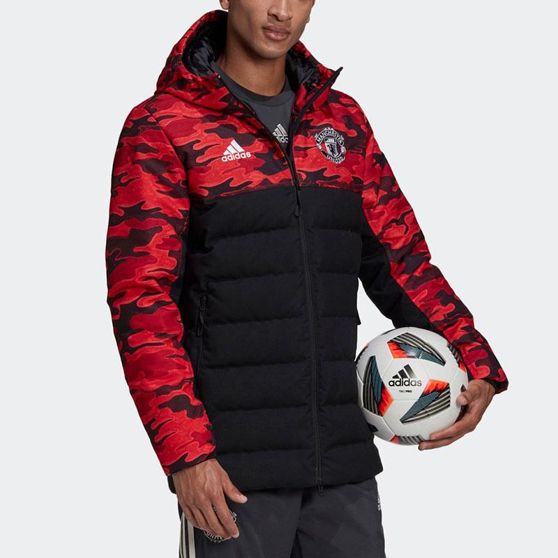 Adidas Manchester United Camouflage Spliced Sports Hooded Down Jacket Winter Men Outerwear Black Red FR3871