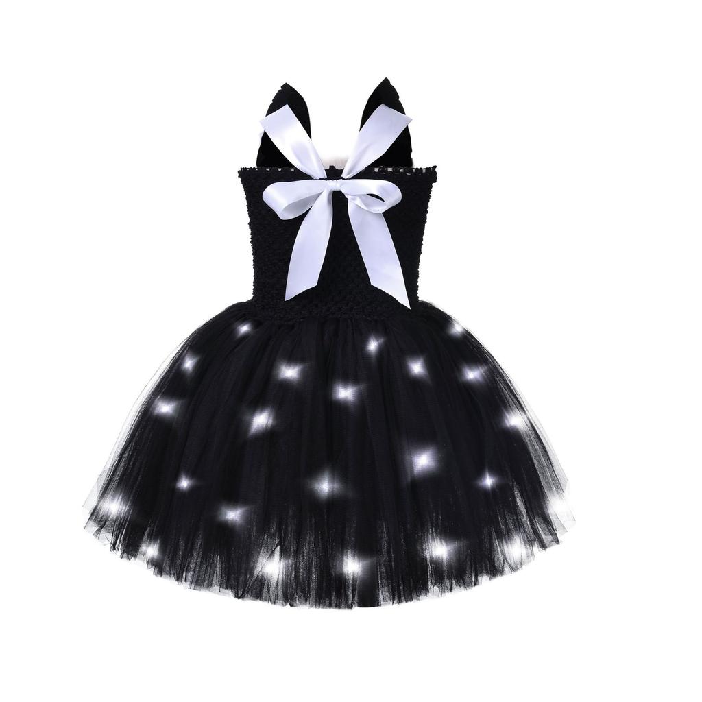 Vestito LED Gatto Nero Principessa Lampeggiante, Compleanno Halloween Cosplay Ragazze Vestito in Rete Nero
