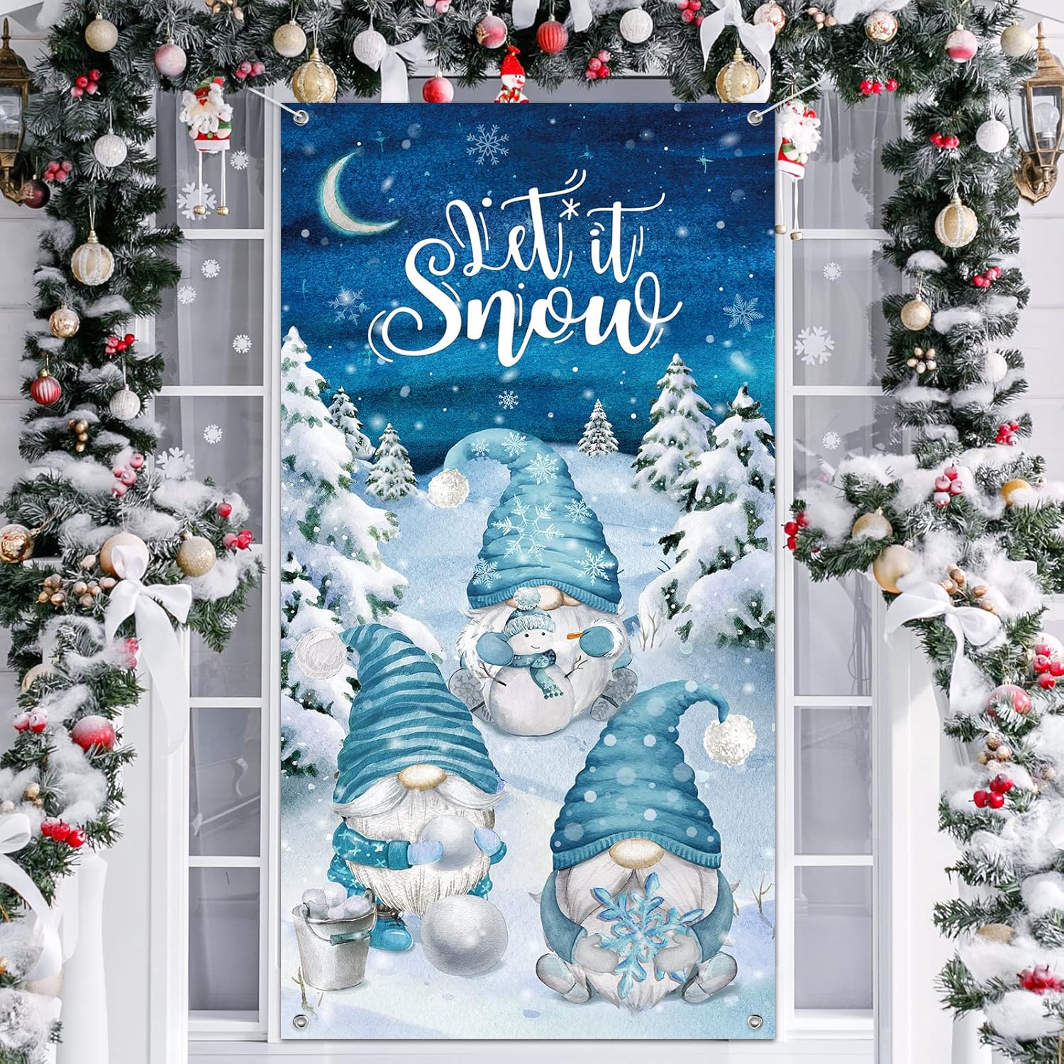 Let It Snow Winter Gnomes Fabric Wall Decoration, 71 x 35 Inches - Snowman and Snowflake Backdrop for Xmas Holiday Front Door