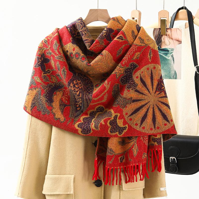 Jacquard Scarf Shawl with Decorative Imitation Cashmere Scarf for Women Winter High End New Style Thickened Ethnic Style Shawl