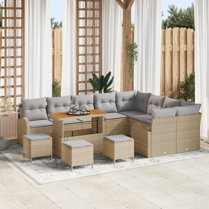 VidaXL Ensemble de Canapé de Jardin de 13 pièces avec Coussins Beige Poly Rattan Acacia 3364392