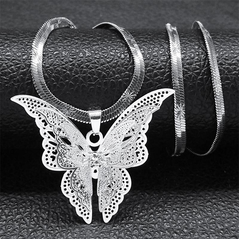 Butterfly Hollow Carved Rhinestone Pendant Necklace for Women Gold Color Stainless Steel Snake Chain Necklace Jewelry Gift