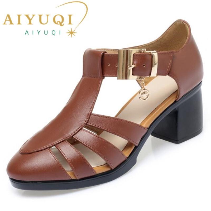 

Fashion AIYUQI Sandals Women Summer Fashion Hollow Midd Heel Genuine Leather Women Sandals Large Size Gladiator Sandals Women 43