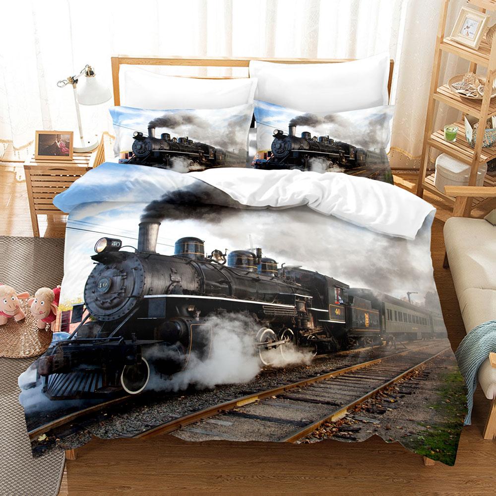 Steam Engine Duvet Cover Set Black Smoke Vintage Locomotive Train Picture King Queen Size For Kid Boy Girl Polyester Bedding Set