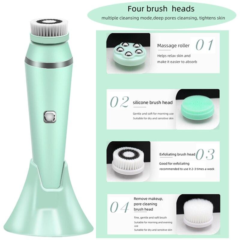 Electric Silicone Facial Cleaning Brush 4 In 1 Cleaning Brush Sonic Roller Massager To Remove Blackheads and Acne Pore Cleanser