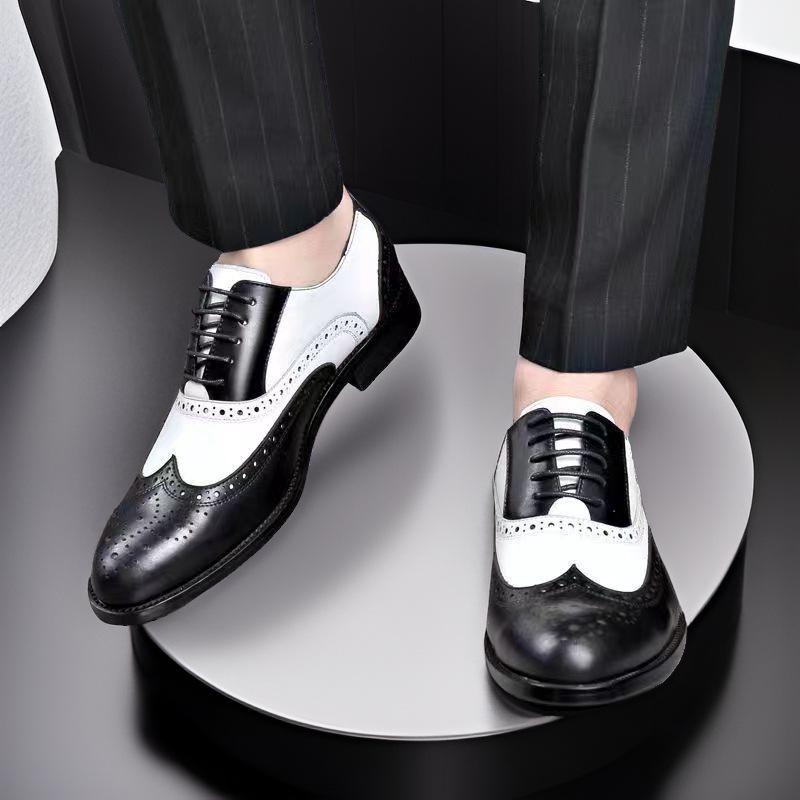 Men's Brogue Leather Shoes: Large Size, Color-Block, Trendy Formal Footwear