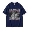 Navy Blue Short-Sleeve T-Shirt Featuring "I'm Afraid Of Women" Wolf Meme Graphic Print For Internet Humor Fans