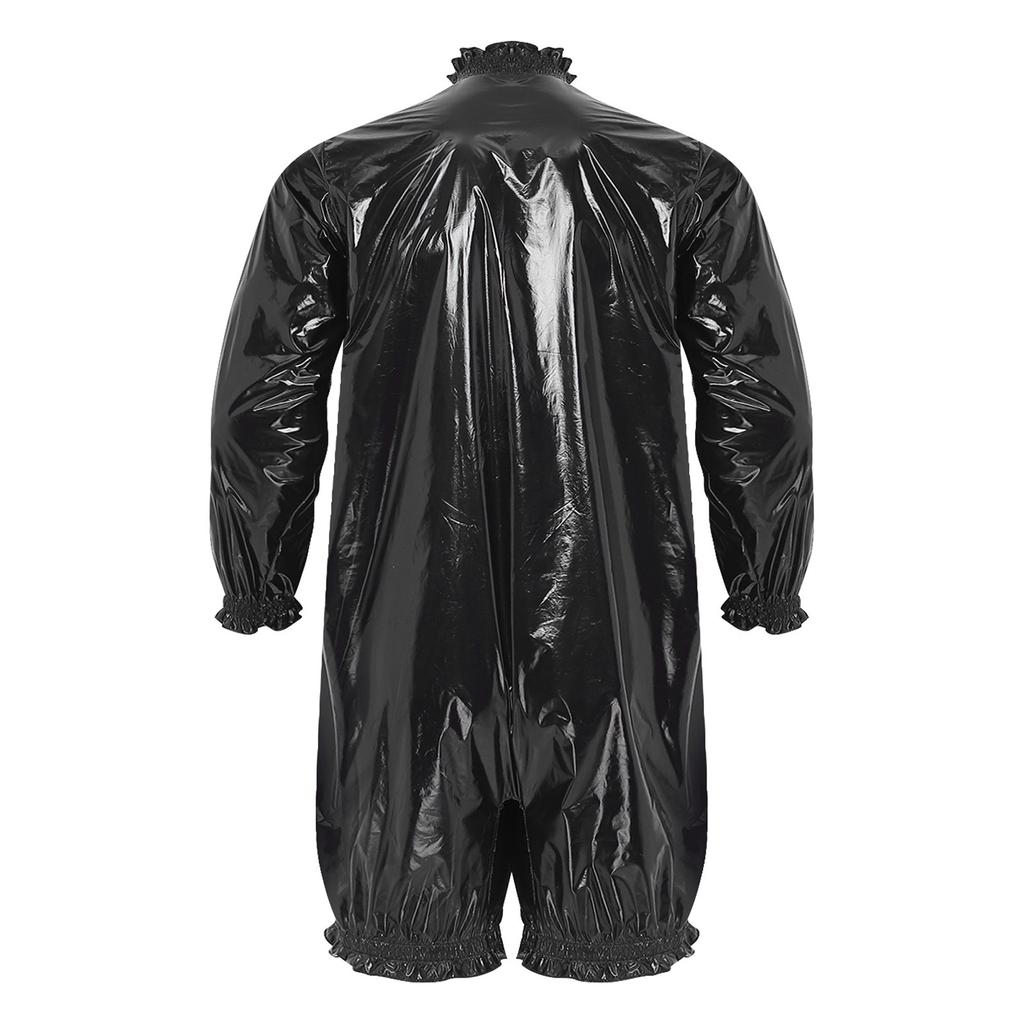 Front Zipper Mock Neck Long Sleeve Ruffled Bodysuit for Men Waterproof Vinyl Swimwear Clubwear Diaper Cover Short Bottoms