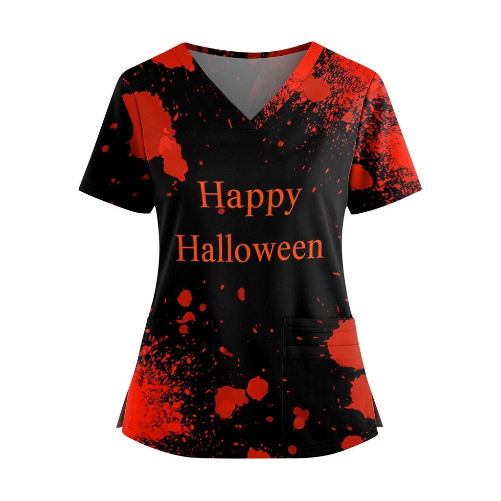 Womens V Neck Casual Halloween Print Top Short Sleeve Medical Scrub Shirt with Pockets Lightweight Comfortable Fit